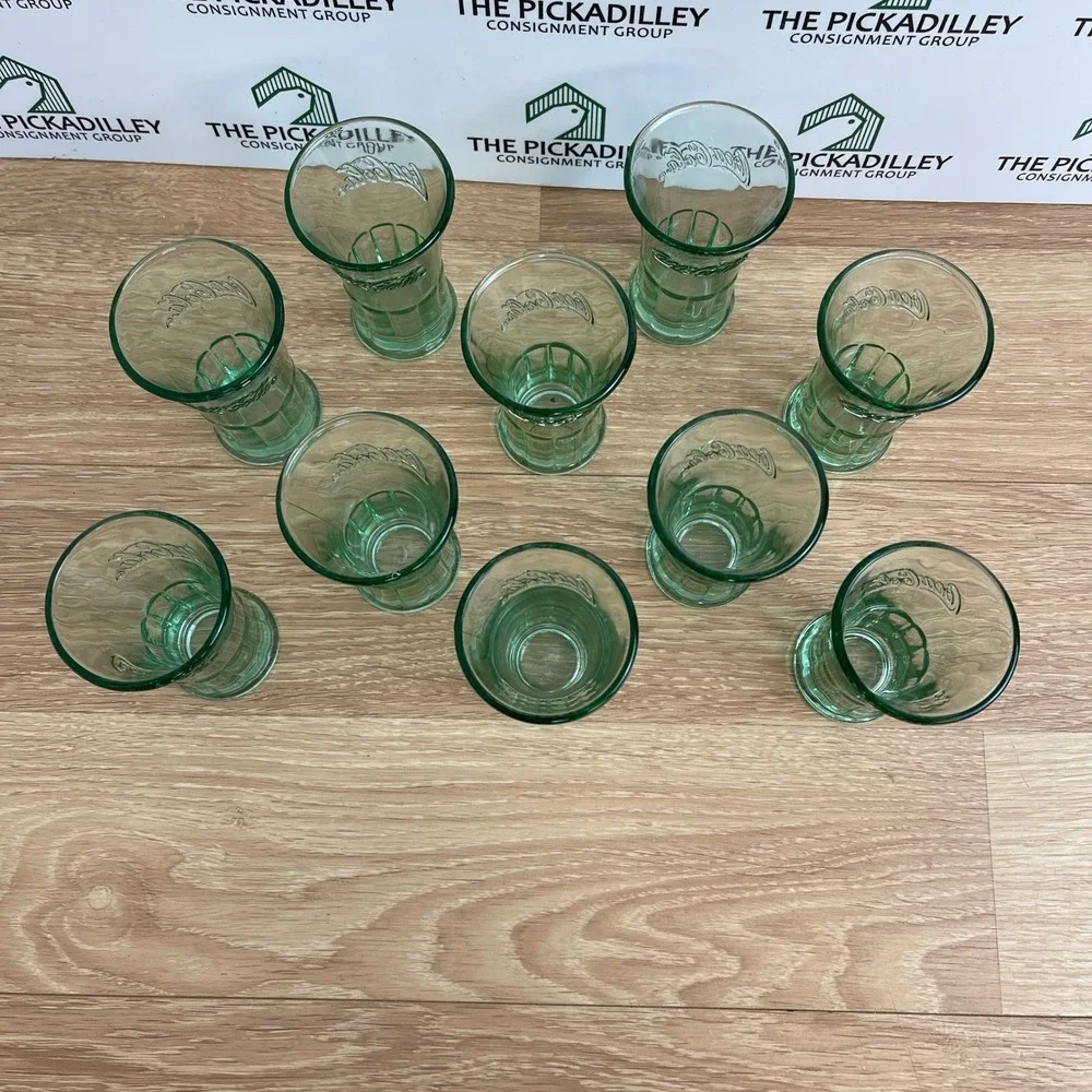 Coca-Cola Georgian Green Glass Shot Glasses Set of 10 Embossed Logo Mexico